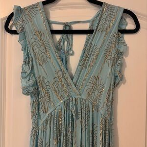 NWOT Blue and Gold Foil Maxi Dress